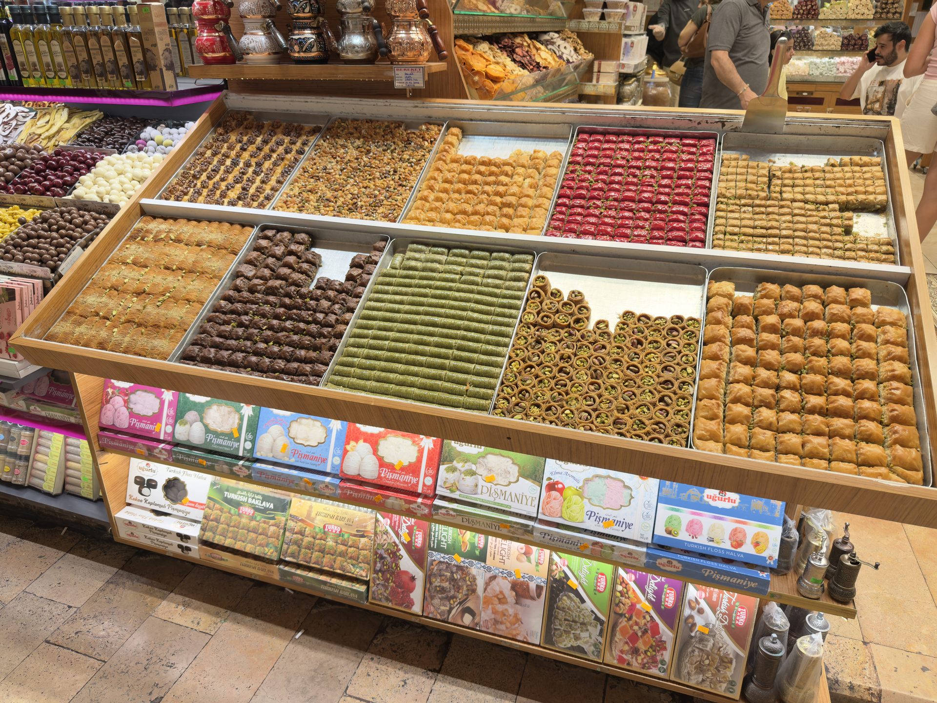 Trays of assorted baklava varieties at an Istanbul sweets shop counter