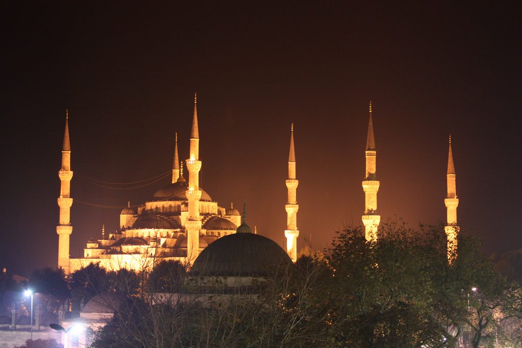 Picture of the Blue Mosque by night in Istanbul, Turkey.