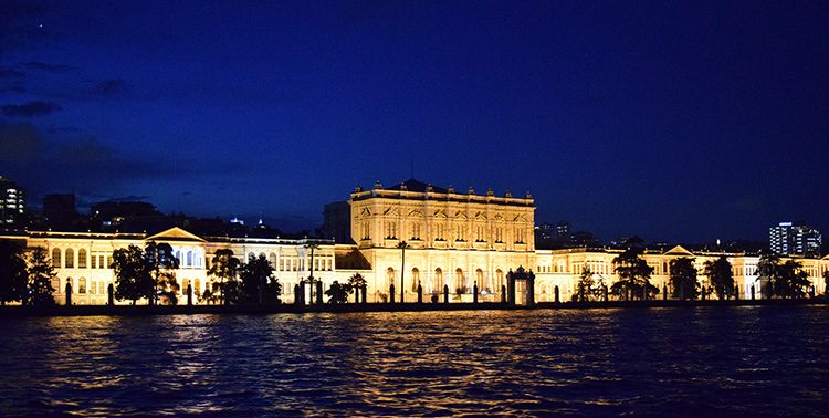 Dolmahaçe Palace by night seen from the Bosphorus