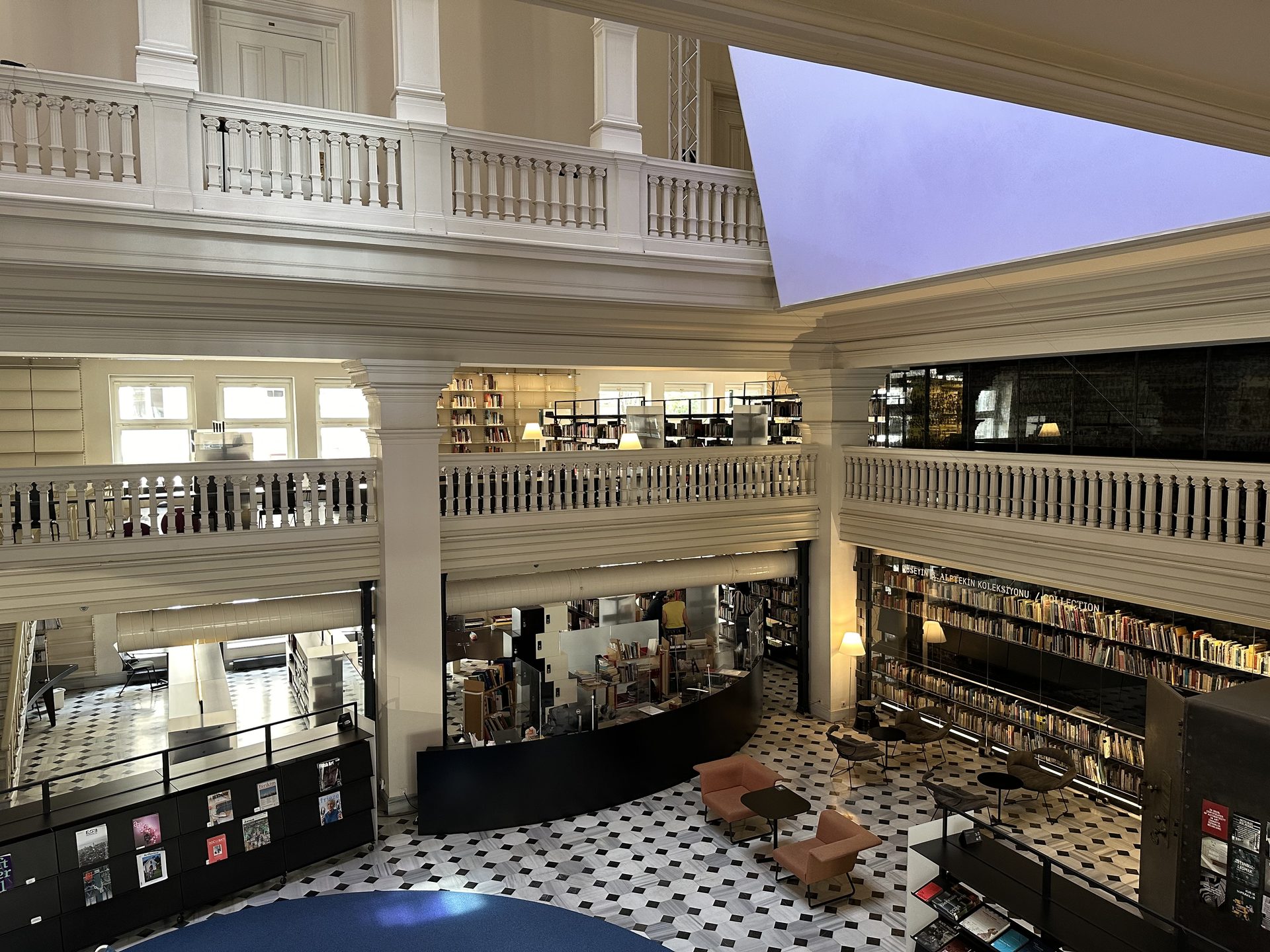 Galleried reading hall of a historic Istanbul library, shelves of books below