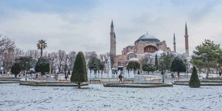 Istanbul in winter with snow covered Hagia Sophia.