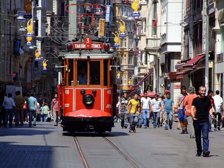 Picture of the nostalgic tram running on Istiklal Caddesi in Istanbul, Turkey.