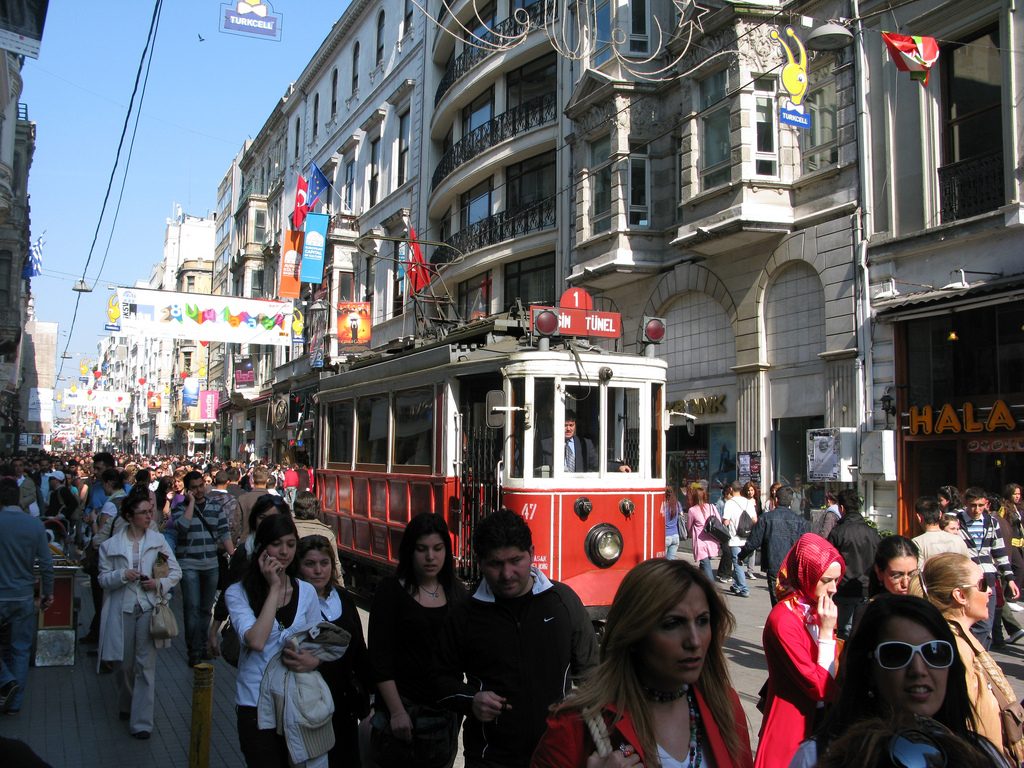 Picture of pedestrians walking on Istiklal Caddesi in Istanbul, Turkey.