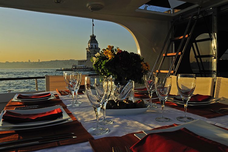 Sunset dinner during private Bosphorus cruise.