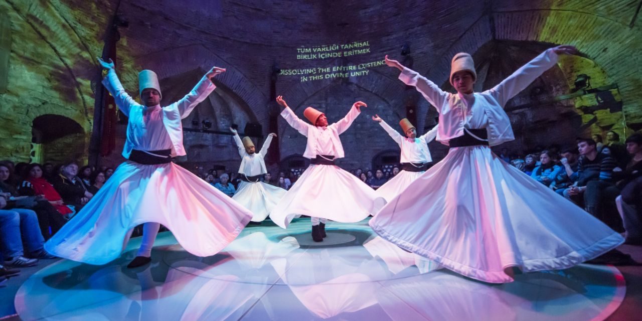 Whirling dervishes performance at Hodjapasha Cultural Center in Istanbul, Turkey.